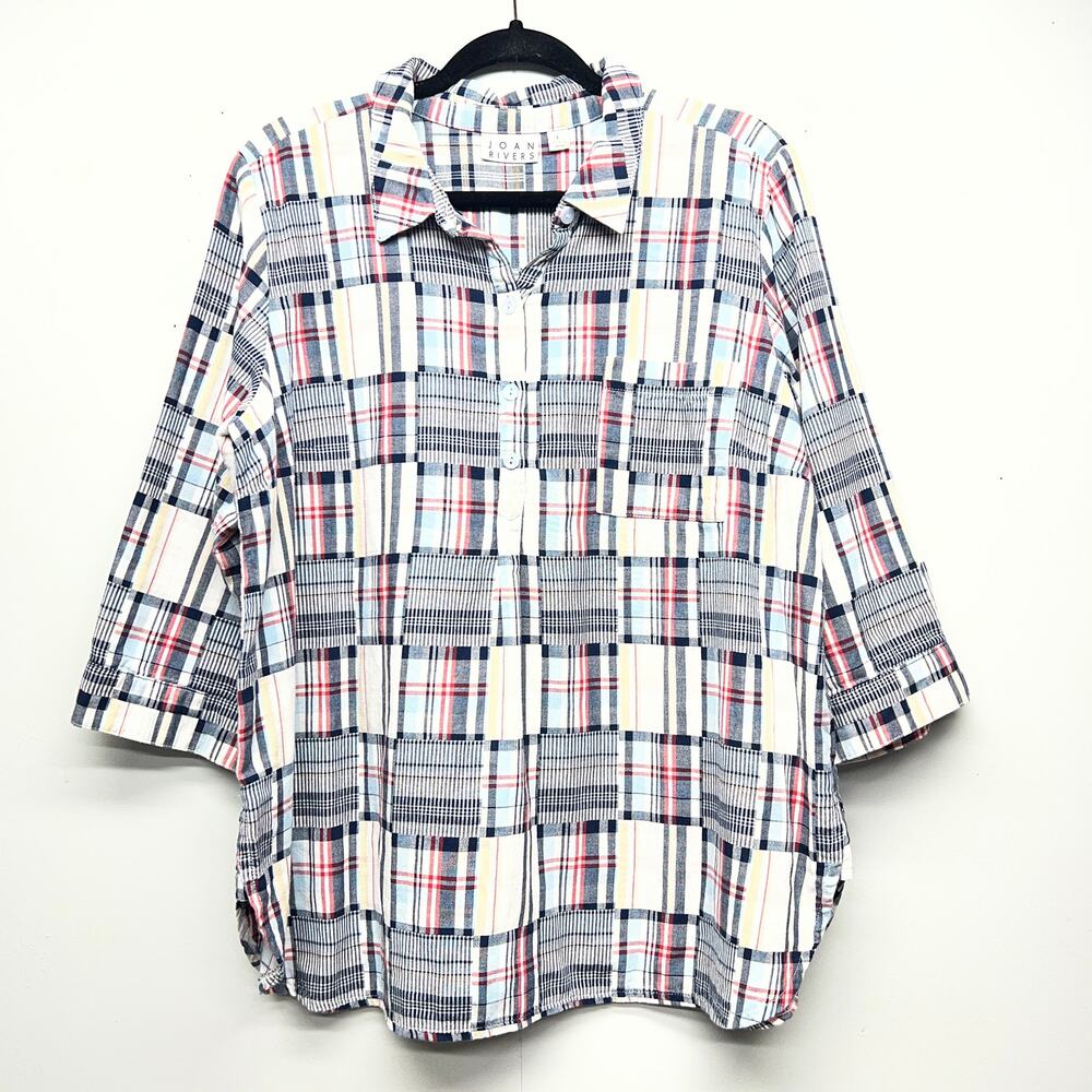 Joan Rivers Plaid Button Front 3/4 Sleeve Shirt Womens Large Country 100% Cotton